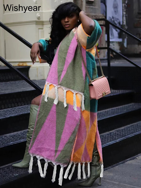 Dzianinowy frędzel kolorowy Patchwork Batwing półrękaw z rozpiętym ściegiem szeroki sweter płaszcze kardigany kobiet afrykańska odzież uliczna długa kurtka