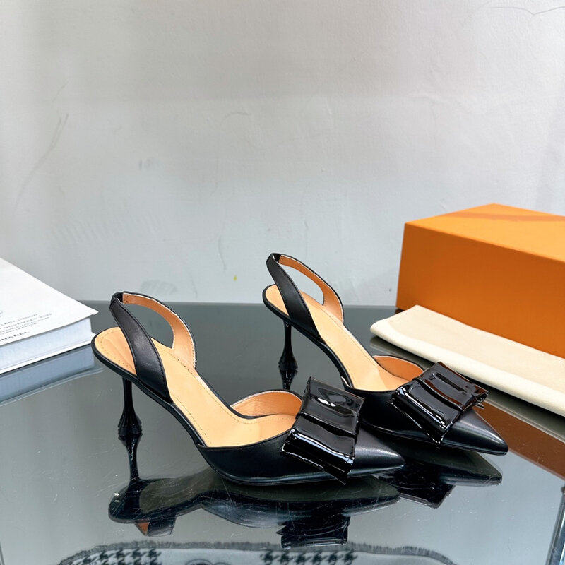 Sapatos de salto alto de couro de camurça para mulheres, sandálias femininas, bombas de alça de arco, estilete, designers, 2024