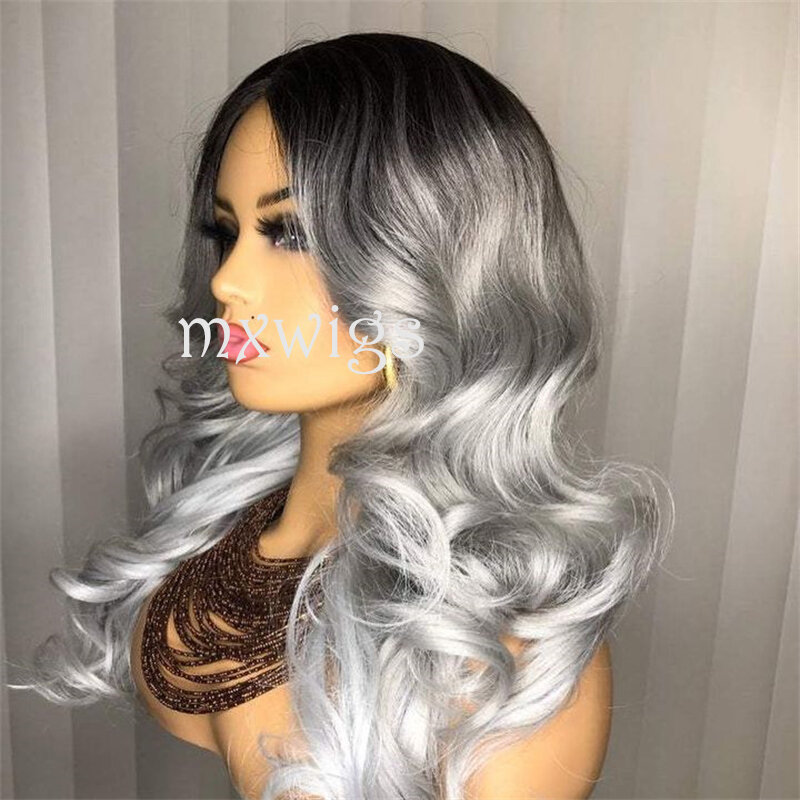 MXWIGS Ombre Grey Body Wave Hair Synthetic Lace Front Wig For Women Soft Cosplay 26Inch Long Glueless Preplucked Heat Resistant