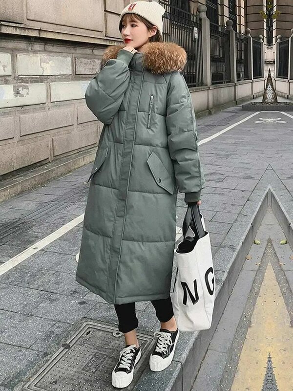 Parka com capuz feminino com gola grande de pele, casaco longo feminino, casaco quente de inverno, solto, novo, 2023