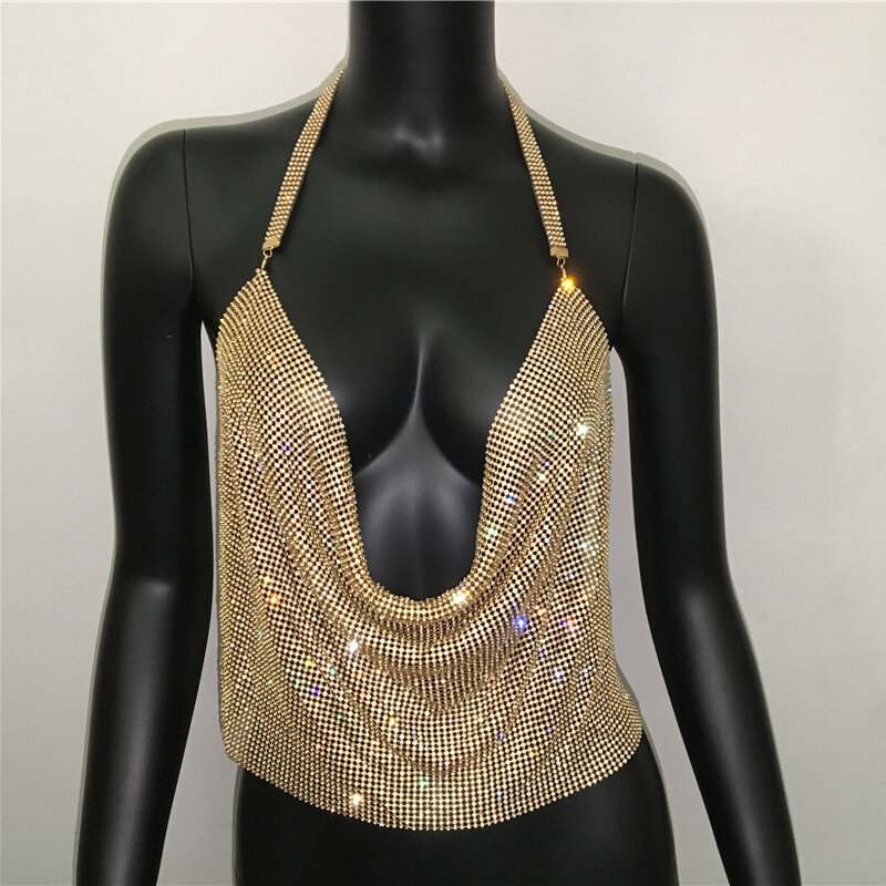 Сексуальный женский металлический жилет с ремешком на шею, модный топ для ночного клуба острых девушек с бриллиантами
