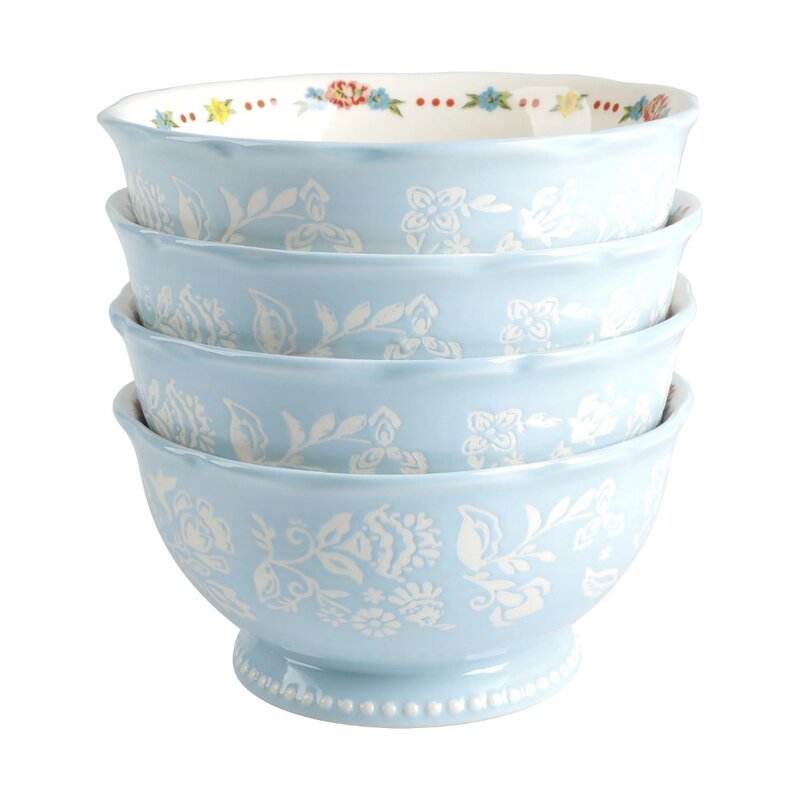 Sweet Rose Blue Ceramic 6.25-inch Bowls, 4-Pack