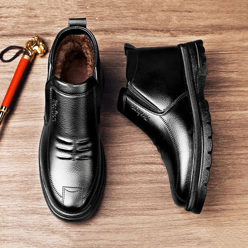 Chaussures décontractées noires pour hommes, chaussures en cuir pour hommes d'affaires, plus velours, résistant au froid, chaud, coton, simple, confortable, durable, hiver