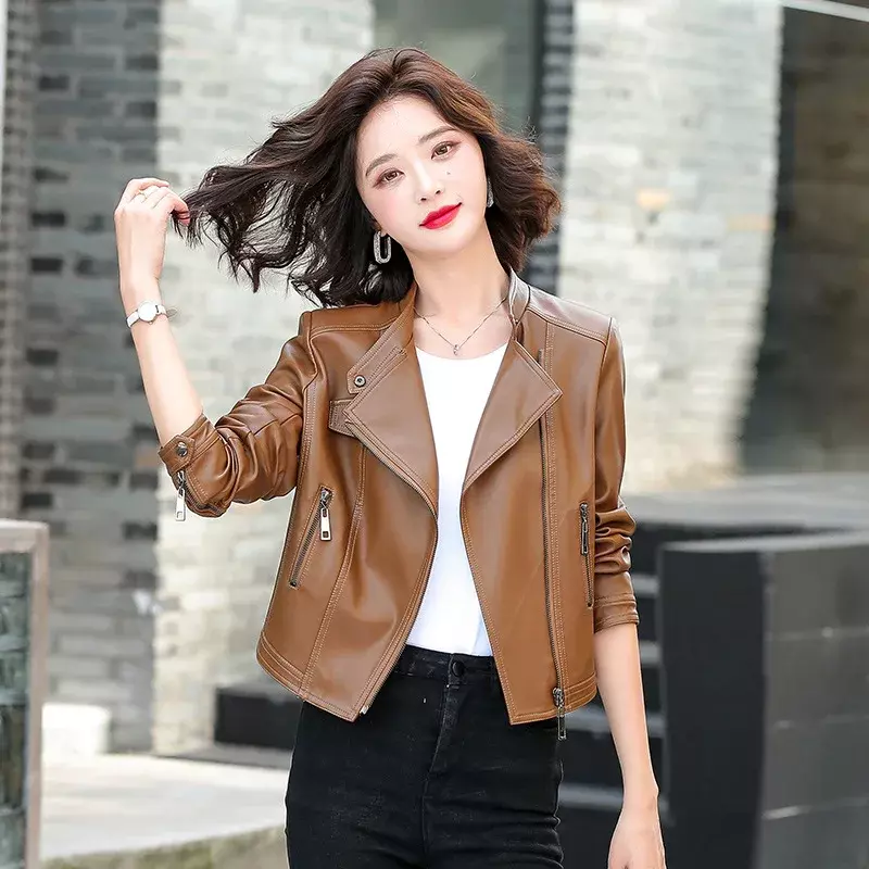 여성용 짧은 가죽 재킷, 오토바이 가죽 재킷, 한국 캐주얼 라펠 코트, 여성 자케타, 2023 가을 신상