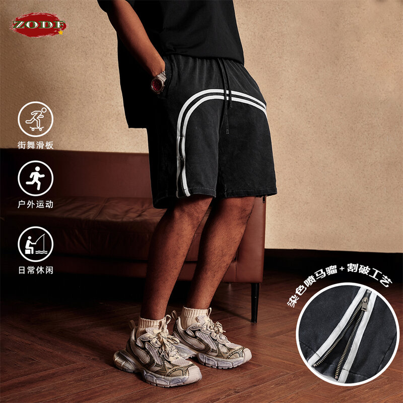 ZODF-pantalones cortos de algodón lavados para hombre y mujer, Shorts con cordón, cremallera lateral, cinta, hasta la rodilla, Retro, 310gsm, marca, HY0854