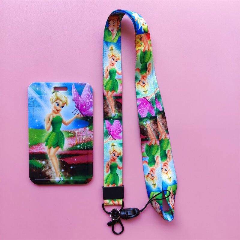 Disney-portatarjetas de identificación Tinker Bell para mujer, correa para el cuello, funda para tarjeta de crédito, soporte para insignia para niñas, Clip retráctil