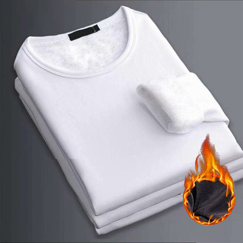 Men Autumn Winter Thermal Tops Underwear Fleece Thickened Crew Neckline T-Shirt Slim Comfortable Padded Bottom Warm Clothes