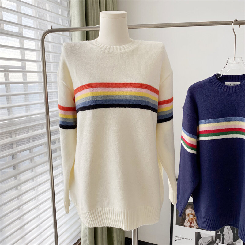 Women'c Chic Colorful Stripe Long Sleeve Sweater Autumn Winter O Neck Loose Jumper Lady Streetwear Pullover Knitted Top