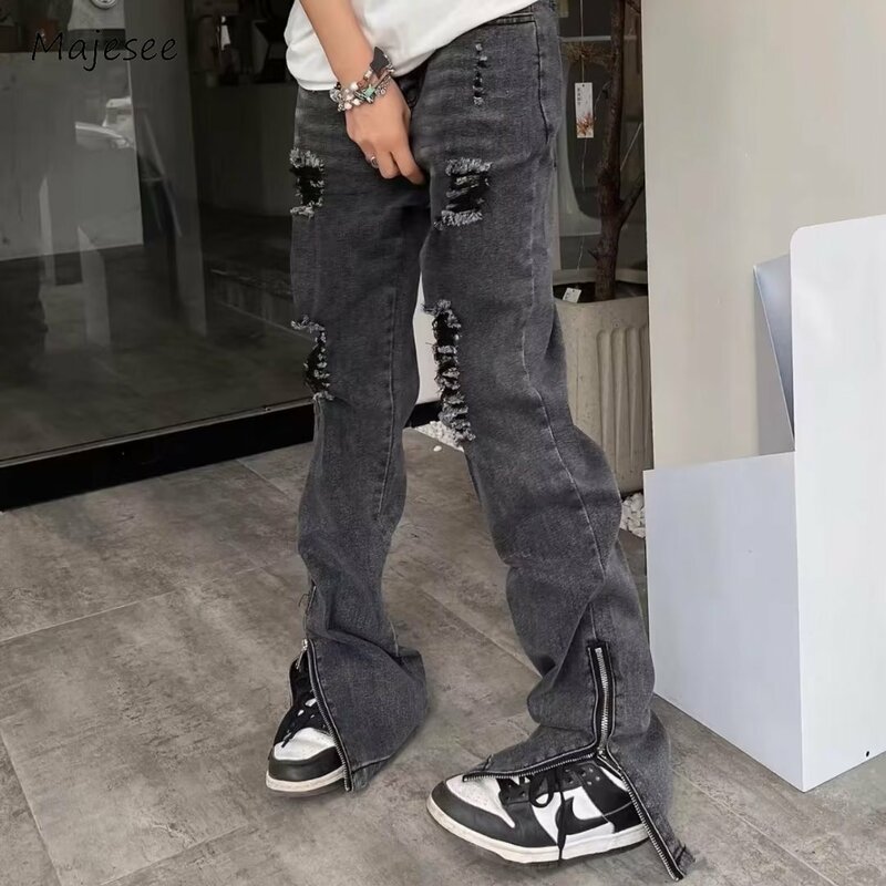 Pure Color Jeans Men Straight Spring Autumn Minimalist Stylish Streetwear Bleached Ripped Hole Vintage Retro Korean Style Chic