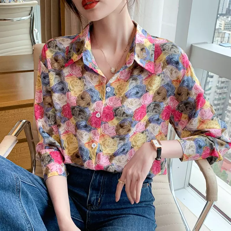 Prints Vintage Blouses Summer Loose Fit Long Sleeves Floral Women Tops Polo-neck Fashion Clothing Chiffon Women's Shirts