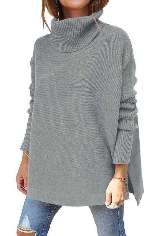 2023 Women's High Neck Oversized Batwing Sleeve Bottom Split Pullover Sweater