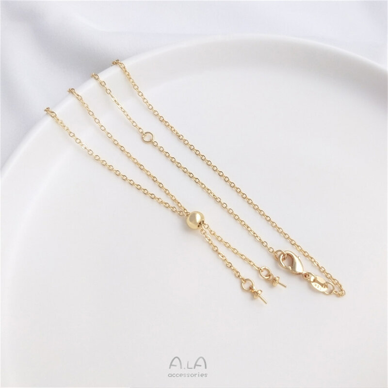 14K Gold Wrapped with Adhesive Beads Adjustable Double Hanging Half Hole Pearl Hollow Pendant Necklace DIY Minimalist B758