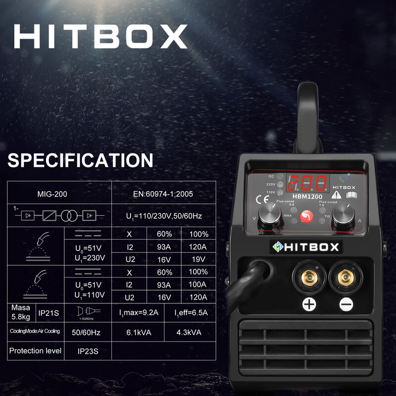 HITBOX-soldador MIG 3 en 1, máquina de soldadura semiautomática, inversor TIG Argon Arc, sin Gas, 110V, 220V, HBM1200
