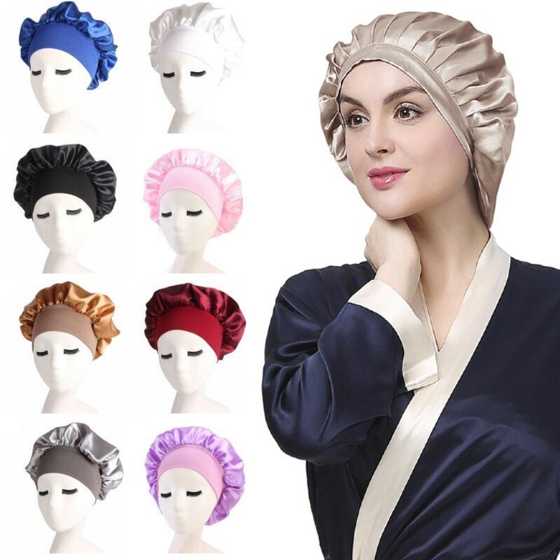 Bonnet de nuit en Satin à bords larges pour femmes, accessoire de coiffure élastique pour cheveux bouclés