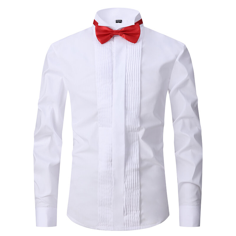 Camisa de manga comprida masculina francesa, camisa smoking, monocromática, gola de ponta de asa, camisas formais, casamento, noivo