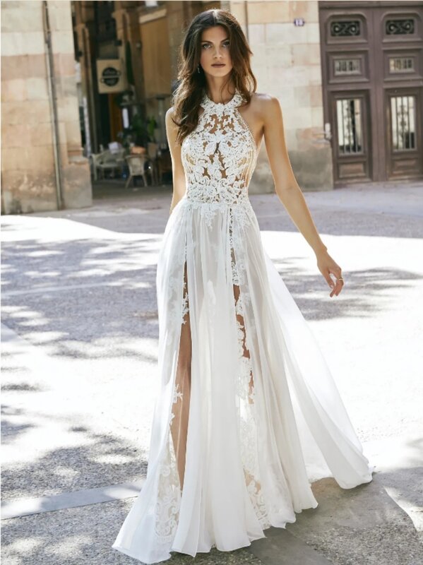 Nowa plażowa suknia ślubna Boho dla kobiet Sexy koronkowe aplikacje bez rękawów szyfonowa szata o długości podłogi Vestidos de novia 2024