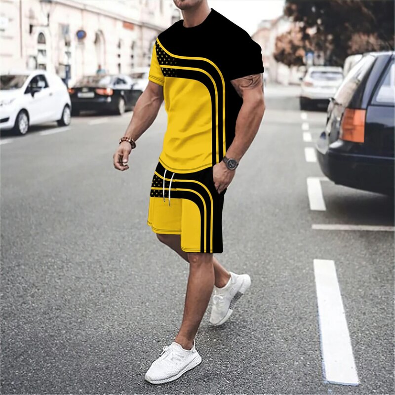 Camiseta masculina de manga curta gola redonda, conjunto de 2 peças, casual Street Clothing, emenda em linha 3D Letter, esportes ao ar livre