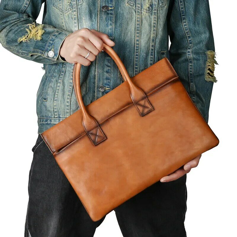 Портфель мужской из воловьей кожи, повседневная сумочка в стиле ретро, деловой тоут на плечо для ноутбука, тонкий клатч