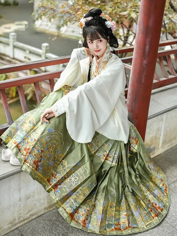 Dream Ming Dynasty Hanfu falda con cara de caballo para mujer, abrigo Original, estilo nacional, falda tejida dorada, camisa bordada China
