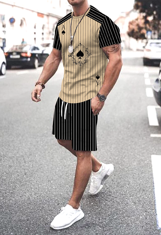 T-Shirt Men Casual Fashion Stripe Poker Ace of Spades Short Sleeve Gray Tee & Short SET 2023 Summer New Short-Sleeved Shorts