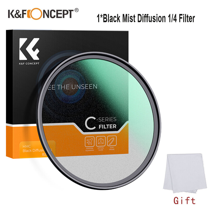 K&F CONCEPT C-Series Zwarte Mist Diffusie 1/4 Filter ,Mist Dromerig Cinematic Effect Voor Video/Vlog/Portret Fotografie, Grootte 49mm 52mm 55mm 58mm 62mm 67mm 72mm 77mm 82mm