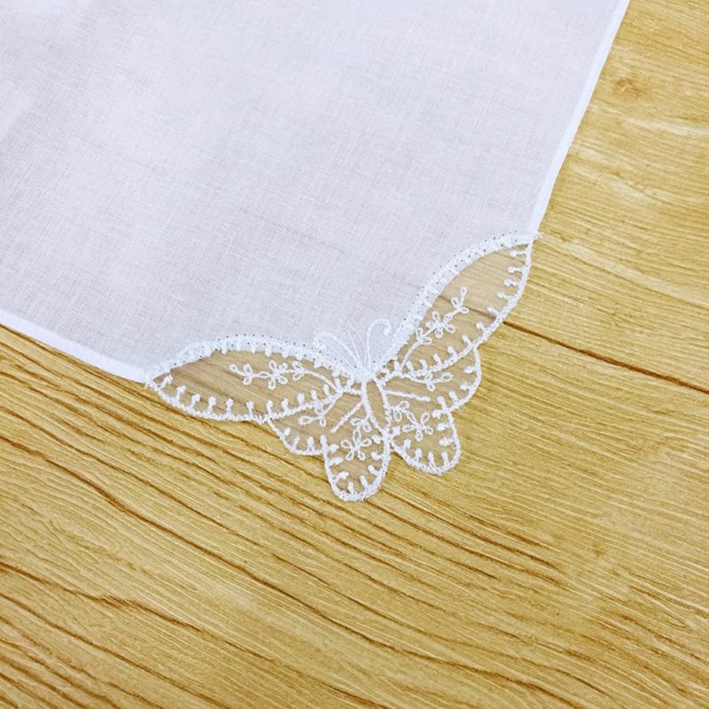N58F 28x28cm Women Plain White Square Handkerchiefs Crochet for Butterfly Lace Corner