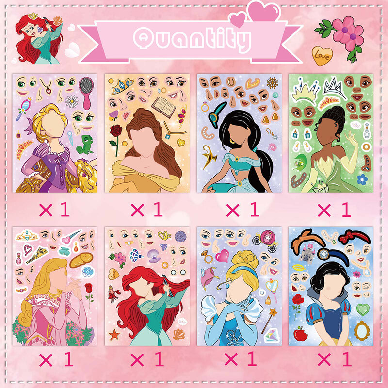 8/16 fogli Disney Princess Puzzle Stickers Make-a-Face bambini fai da te assemblare Jigsaw giocattoli educativi bomboniere per bambini ragazze