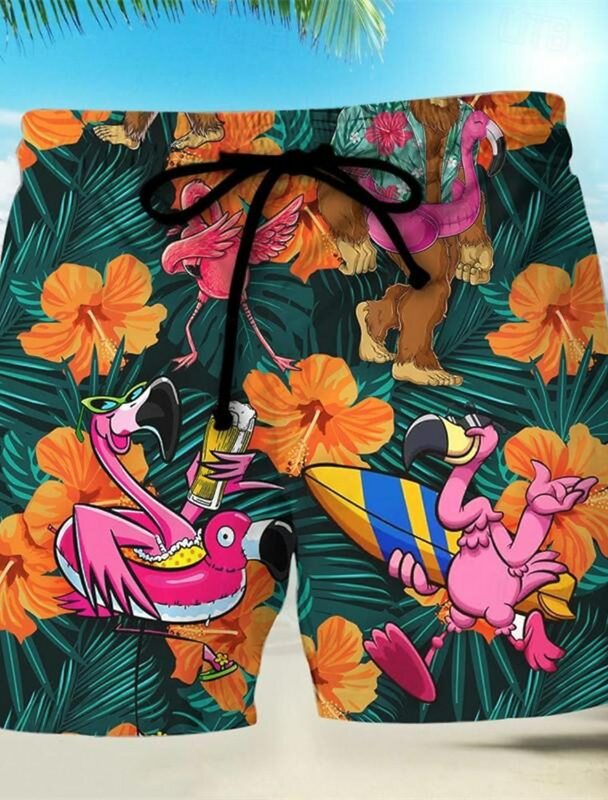Divertente Flamingo Tropical Leaf pantaloncini da surf da uomo pantaloncini hawaiani con stampa 3D costume da bagno elastico con coulisse elasticizzato corto stile Aloha