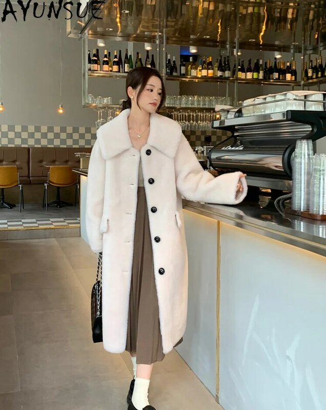 AYUNSUE 100% Sheep Shearing Jacket Women New Winter Long Wool Fur Coat Women Korean Fashion Wool Jackets and Coats Navy Collar
