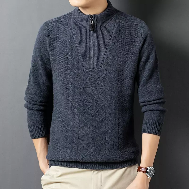 Мужской свитер, зимний плотный жаккардовый свитер с воротником-хомутом, на молнии