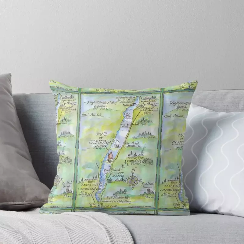 Swallows and Amazons map of Coniston Water - Throw Pillow