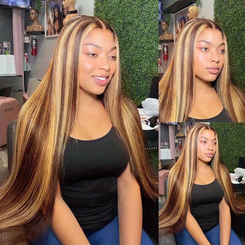 Straight HD Lace Frontal Wig para Mulheres, Cabelo Humano Brasileiro, Ombre Colorido, Highlight Wig, 13x6