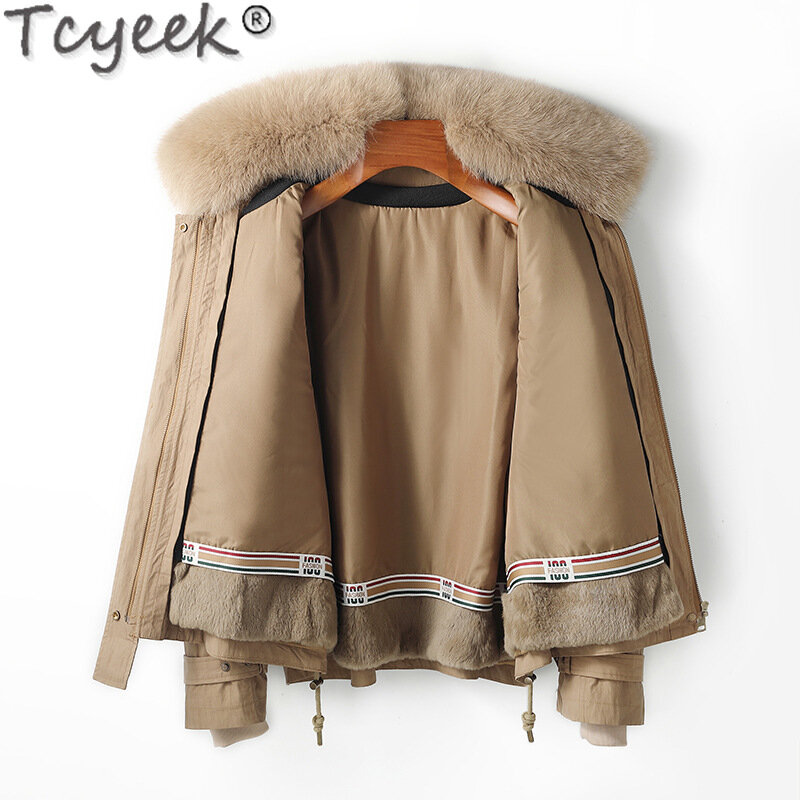 Tcyeek-Parka élégante pour femme avec col en fourrure de renard, vestes de mode, doublure en fourrure de lapin Rex amovible, vêtements chauds pour l'hiver, 2023