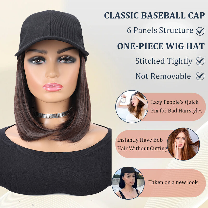 Baseball Cap with Hair Extensions Heat Resistant Synthetic 10 Inch Adjustable Short Straight Bob Wigs in Hat for Women Daily Use