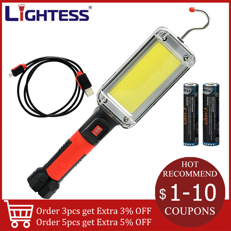 휴대용 LED 작업등, 램프 후크 자석 캠핑 램프, 높은 낮은 COB USB 충전식 18650 손전등, 방수 토치 작업