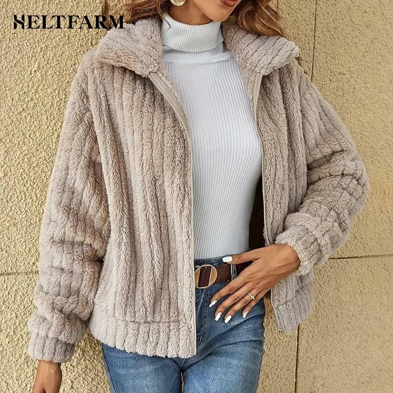 Fall Furry Cardigan Lapel Jacket Short Jacket Warm Plush Fleece Zipper Casual Coat Top