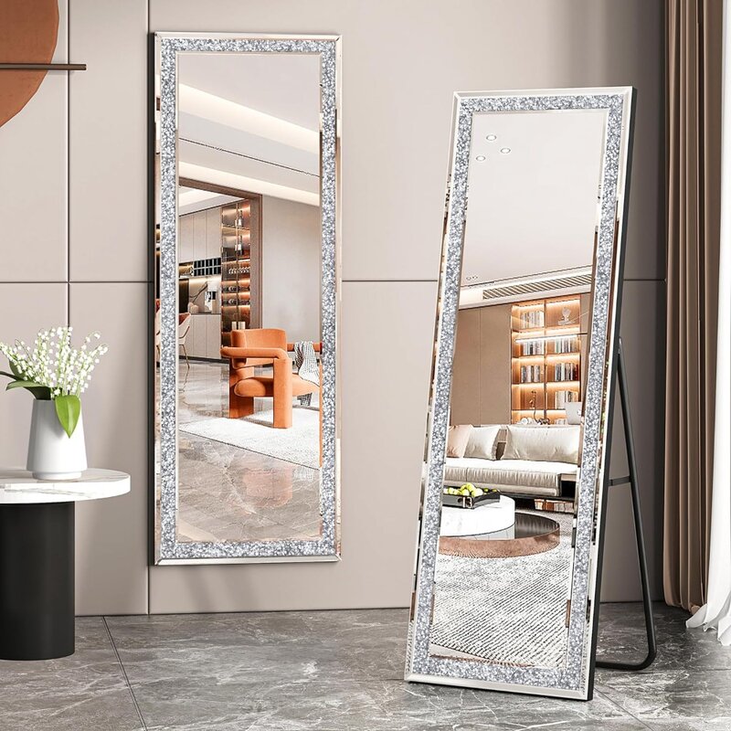 Miroir de sol sur pied pleine longueur, miroirs complets en diamant écrasé, miroirs sur pied longs pour chambre à coucher, salon, montage mural, 59 po × 18 po