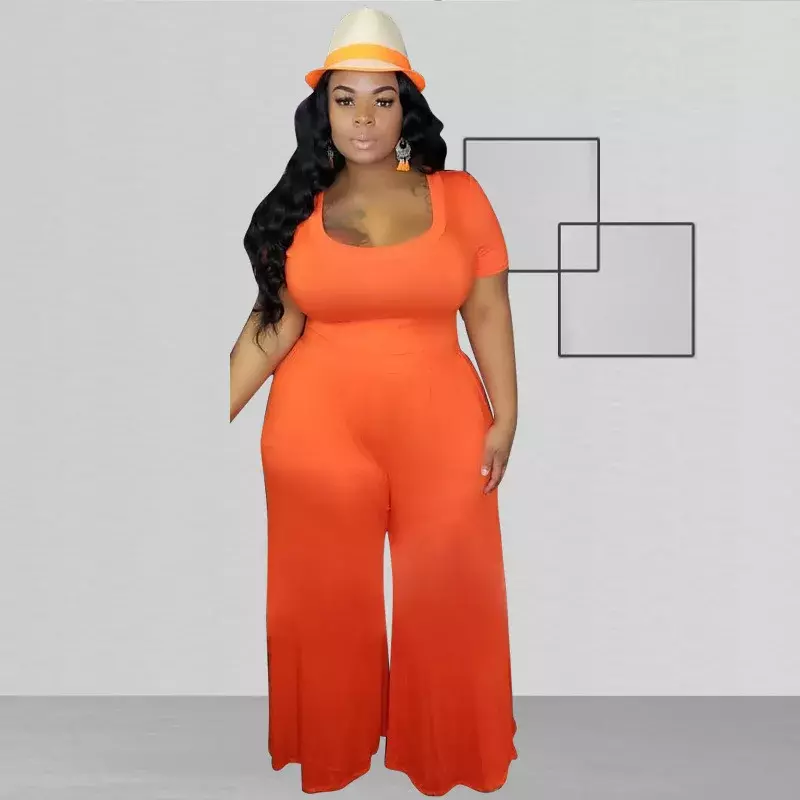X-5XL Plus Size Jumpsuit Summer 2024 African Women Clothing Fashion Loose Short Sleeve Round Neck Wide Leg Rompers Wholesale
