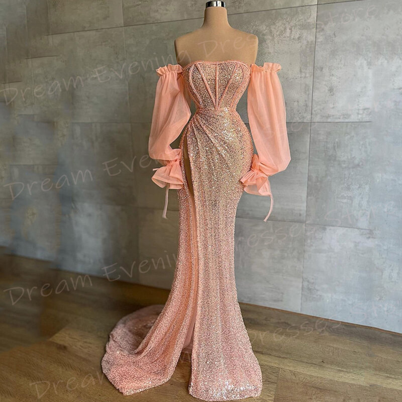 Exquisite Shiny Women's Mermaid Charming Evening Dresses Sexy Off The Shoulder Prom Gowns High Split Puff Sleeve فساتين سهرات