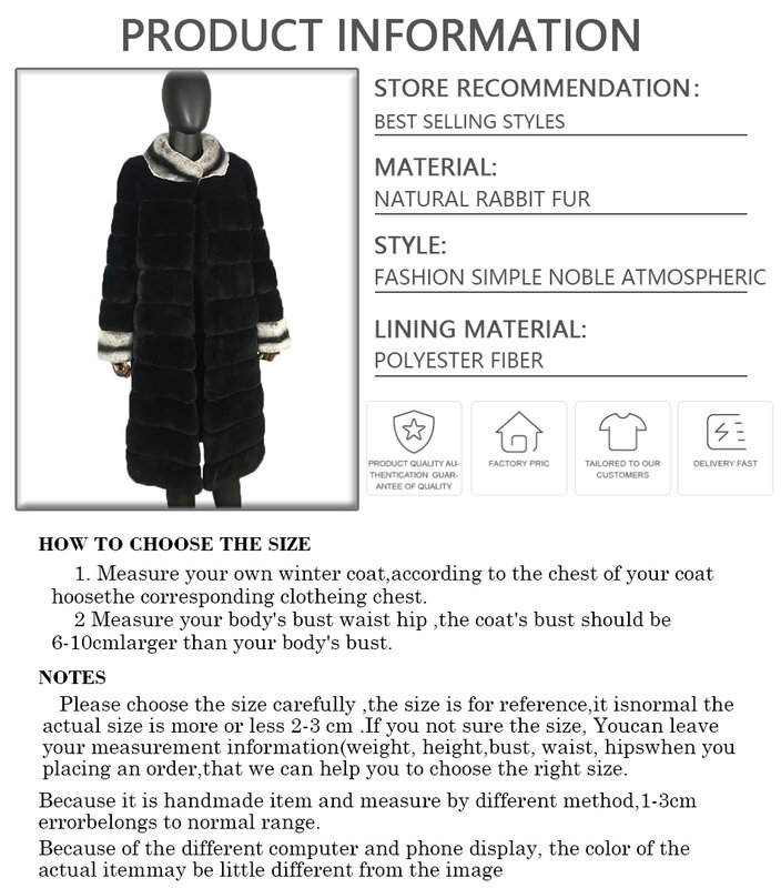 Long Style Genuine Rabbit Fur Coat Women Jacket Winter New Fashion Warm Stand Collar Overcoats Thick Customizable