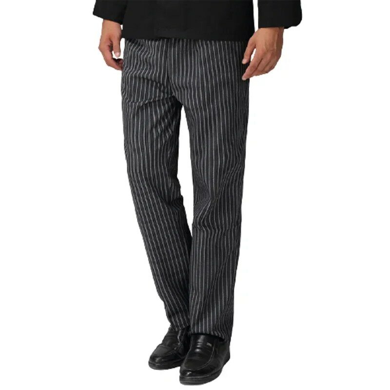 Calças uniformes de chef listradas elásticas para homens, calças zebra cinza, calças de cozinheiro, restaurante hotel e cozinha