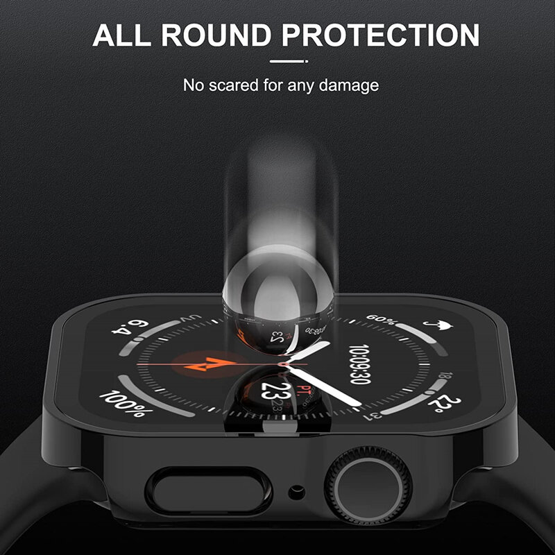 Kaca + casing untuk Apple Watch 7 8 45mm 41mm 49mm 44mm 40mm pelindung layar tepi lurus casing penutup iWatch 4 5 SE 6 7 8 Ultra 49mm