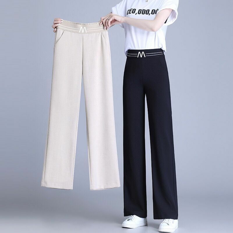 Pantalones de pierna ancha estrechos para mujer, traje adelgazante de cintura alta, algodón, lino, seda de hielo, oficina, Verano