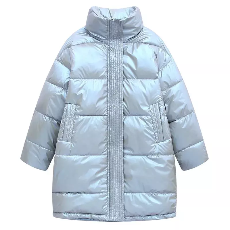 2024 damska długa zimowa kurtka oversize damska puchowy płaszcz bawełniany błyszcząca twarz jednolity kolor zimowy pikowana kurtka stójka płaszcz