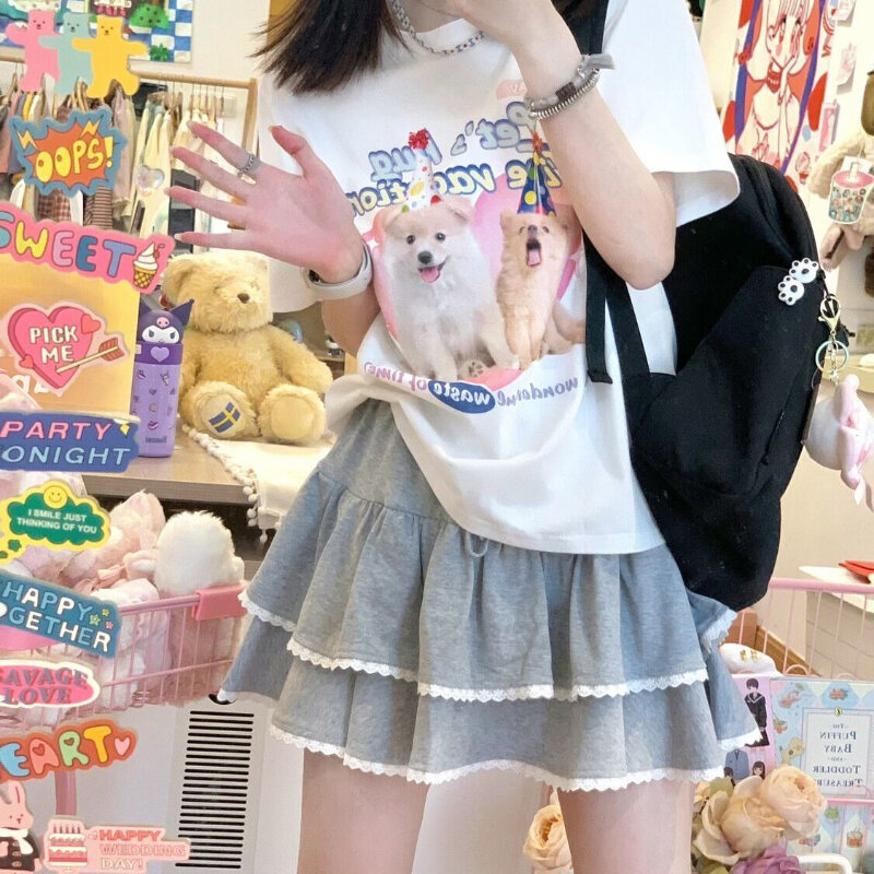 Deeptown Ruffle Japanese Style Mini Skirt Sweet Cutecore Women Kawaii Solid Summer Grey Casual Preppy Lace Short Skirt All-match