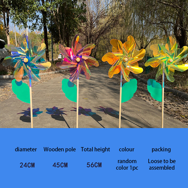 24CM Colorful Hand-held Wooden Pole Windmills Garden Plant Flower Repellent Windmill Outdoor Decoration Reflective Bird Repeller
