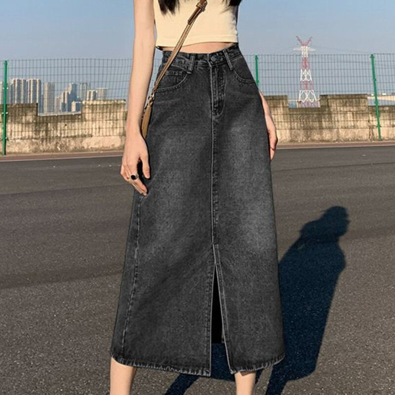 Rok panjang wanita Denim belahan rok Denim pinggang tinggi musim panas rok A-line musim panas baru dengan rok bokong terbungkus bentuk pir