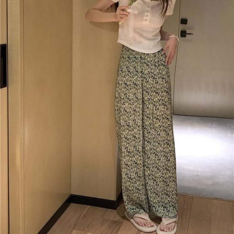 Women's Summer New Fashion Sweet Elasticized High-waisted Pleated Geometric Printed Loose Ruched Straight Casual Wide Leg Pants