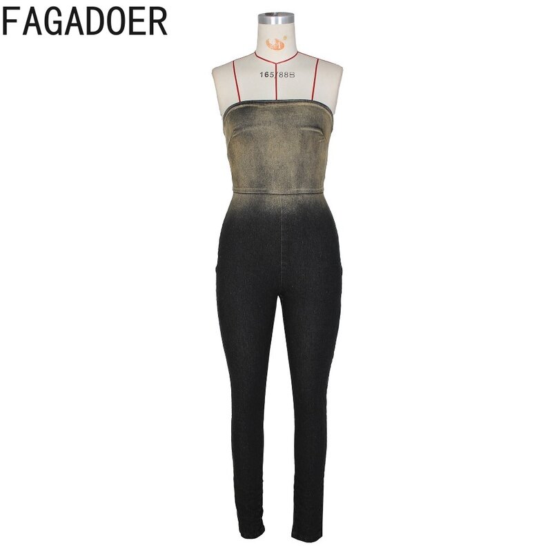 FAGADOER INS Trendy 2024 Tie Dye Gradient High Stretchy Denim Jumpsuits Women Strapless Backless Sexy Bodycon Playsuits Overalls