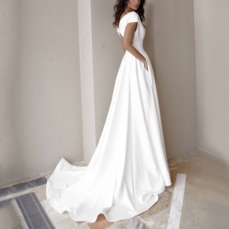 Ladies Pure White V-Neck Long  Dinner Dress designer evening dresses women luxury vestidos para mujer elegantes y bonitos